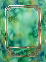 Ornate gold frame on watercolor green and yellow background with empty space for text or design projects.