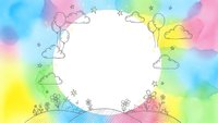Colorful watercolor frame with hand-drawn doodles, clouds, balloons, stars and flowers on white background. Whimsical border design for greeting cards and invitations.