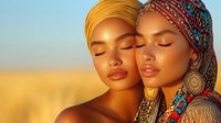 Two young African women with closed eyes embracing in golden sunset light wearing traditional colorful headwraps and jewelry in warm intimate moment.