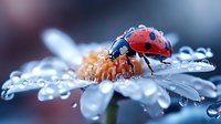 Ladybug on wet daisy petal with morning dew drops creating magical macro nature scene. Red spotted beetle explores white flower in fresh springtime garden.
