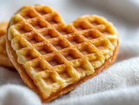 Heart-shaped golden waffle on white linen cloth, close-up view showing crispy texture and grid pattern, perfect for breakfast or dessert concepts.