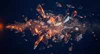Glass explosion with flying fragments and sparks on dark background for dynamic design projects and creative compositions.