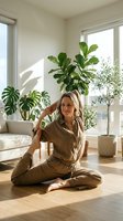 Young blonde woman in olive green loungewear sitting cross-legged on wooden floor in bright modern living room with houseplants and natural sunlight streaming through windows.