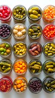 Variety of colorful pickled vegetables and fruits in glass jars viewed from above. Collection includes cucumbers, olives, tomatoes, berries and peppers arranged in neat rows.