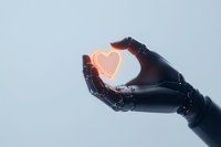 Robotic hand holding glowing neon heart shape against light background. Futuristic artificial intelligence and human emotion concept demonstrates technological advancement.