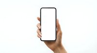 Hand holding modern smartphone with blank white screen mockup for app presentation and mobile interface design on clean background.