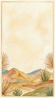 Watercolor desert landscape with rolling sand dunes, golden palm fronds, and succulent plants in warm earth tones. Vintage aged paper texture with gold border frame. Suitable for travel, nature, and botanical design projects.