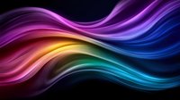 Vibrant flowing waves of colorful light creating smooth curved lines against black background, featuring rainbow spectrum from purple through blue, orange and turquoise.