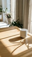 White ceramic mug on wooden table with natural sunlight, potted plants, and beige curtains in background. Ideal for beverage, lifestyle, and home decor projects.