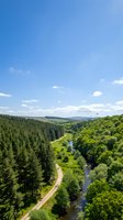 Aerial view of a winding river flowing through lush green forests and rolling hills under a bright blue sky with scattered white clouds, ideal for nature and landscape projects.