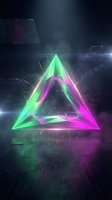 Futuristic neon triangle with glowing green and pink edges surrounded by digital particles and light beams on dark cyberpunk background for tech designs.
