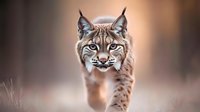 Majestic lynx walking forward with intense gaze and distinctive ear tufts against blurred natural background, showcasing wild feline predator in its natural habitat.