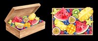 Wooden box filled with colorful tropical fruits including watermelon, kiwi, mango, and passion fruit, isolated on transparent background. Ready for t-shirt design, clipart, stickers, and print-on-demand products.