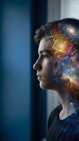 Young man with cosmic brain overlay showing books and mathematical formulas representing knowledge, learning and education in modern digital age.