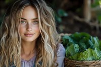 Young Caucasian woman with long wavy blonde hair and blue eyes smiling gently outdoors, wearing light purple blouse, fresh organic lettuce in wicker basket background.