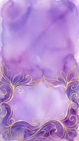 Lavender watercolor background with ornate gold filigree border frame, isolated on white. Suitable for invitations, greeting cards, and design projects.