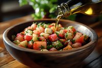 Fresh Mediterranean salad with diced tomatoes, cucumbers and herbs being drizzled with golden olive oil in rustic wooden bowl on kitchen counter.