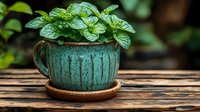 Fresh mint leaves growing in vintage turquoise ceramic cup on rustic wooden table, natural garden setting with soft bokeh background for culinary and herbal concepts.