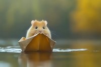 Adorable hamster sailing in paper boat on calm water surface with soft bokeh background, creating whimsical nature scene for children stories and greeting cards.