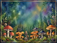Enchanted forest floor with whimsical mushrooms, ferns, and glowing stars under mystical night sky. Isolated design element for fantasy artwork, children's books, and magical themed projects.
