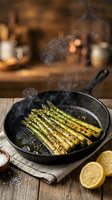 Fresh asparagus spears sizzling in cast iron skillet with steam rising, seasoned and ready to serve with lemon slices on rustic wooden table.