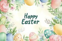 Happy Easter greeting card with colorful decorated eggs and spring flowers on light background for holiday celebration and seasonal design projects.