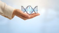Scientist hand holding glowing DNA helix structure against blue sky background. Isolated on white, ready for healthcare, biotechnology, and medical research design applications.