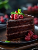 Slice of rich chocolate layer cake with dark ganache frosting, decorated with fresh raspberries and mint leaves on black plate, moody food photography setting.