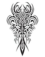 Tribal style ornamental tattoo design with symmetrical pattern on white background, isolated black ink artwork for body art and creative projects.