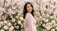 Young woman with long brown hair in pink dress standing among blooming cherry blossoms and roses in spring garden for lifestyle and beauty content.