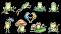 Cute frog characters collection isolated on transparent background, ready for t-shirt design, clipart, stickers, print-on-demand products and sublimation projects.