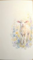 Watercolor lamb standing in spring meadow with wildflowers on textured paper background for nursery decor and greeting cards.