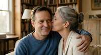 Happy mature couple embracing and smiling together in cozy home library setting with warm natural lighting and bookshelves in background.