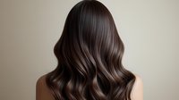 Back view of woman with long, glossy dark brown hair styled in soft waves against neutral beige background, showcasing healthy hair texture.