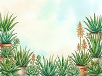 Watercolor succulents and aloe vera plants in terracotta pots framing a soft pastel background with copy space for text.