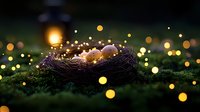 Magical forest scene with glowing eggs in dark bird nest surrounded by ethereal bokeh lights and moss, creating mystical nature atmosphere.