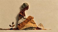 Silhouette of woman sitting in meditation pose created from layered natural stone textures against beige background with minimalist plant elements.