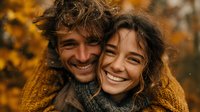 Happy young couple embracing outdoors in autumn with warm golden light and colorful fall foliage creating romantic seasonal atmosphere for lifestyle content.