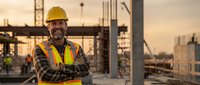 Confident mature African American construction worker in safety gear smiling at building site during golden hour sunset with cranes and urban skyline background.