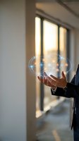 Businessman hands holding glowing digital network connections in modern office environment representing technology innovation and connectivity solutions.