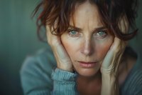Pensive woman with striking blue eyes and freckles resting face in hands, expressing contemplation against soft teal background.