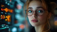 Young woman with reddish-brown hair and round glasses wearing casual attire, positioned against blurred digital interface with glowing code and data visualization elements, suitable for technology, software development, and IT industry concepts.