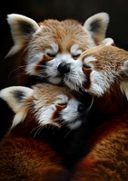 Red pandas cuddling together, showing close-up of furry faces with distinctive markings against dark background. Tender moment captures sleeping wildlife.