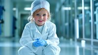 Young girl in medical protective gear and lab coat smiling while wearing blue gloves in hospital corridor, representing future healthcare professional or science education.