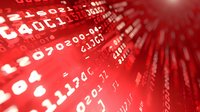 Digital binary code streaming on red glowing background with dynamic motion effect, representing cybersecurity, data technology and programming concepts.