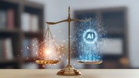 Golden scales of justice balancing glowing orb against AI technology hologram with digital particles in modern office setting for legal tech concepts.
