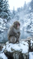 Snow monkey sitting on rock in winter hot spring with snowy forest background and steam rising from natural thermal waters.