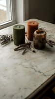 Three aromatic candles in earthy tones arranged on marble with dried lavender and twigs, creating a natural, rustic home decor and wellness styling composition.