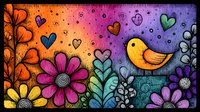 Colorful folk art style garden scene with yellow bird among vibrant flowers and hearts on rainbow gradient background, featuring whimsical doodle elements and decorative patterns.