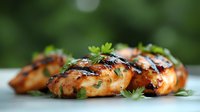 Grilled chicken breasts with caramelized glaze and fresh herbs on blurred green background. Juicy meat with charred marks and parsley garnish.